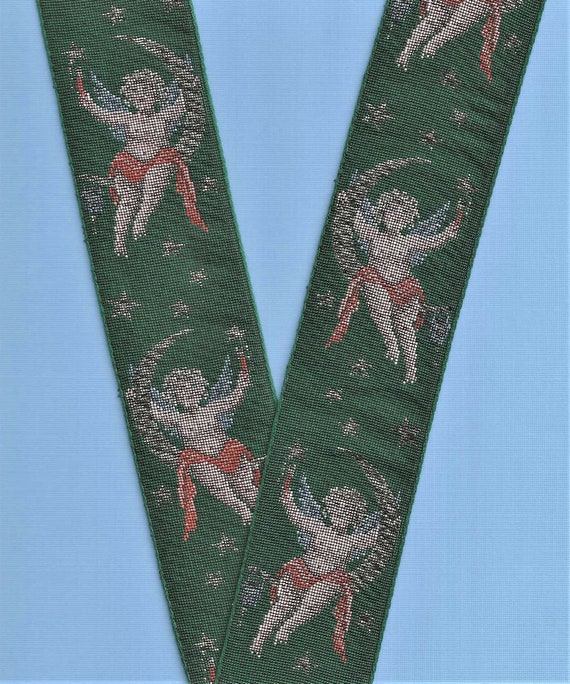 HOLIDAY M-04-A Jacquard Ribbon Cotton/Poly Trim 2-1/8" Wide (54mm) Vintage from Germany, Green w/Angels, Metallic Gold Crescent Moon & Stars