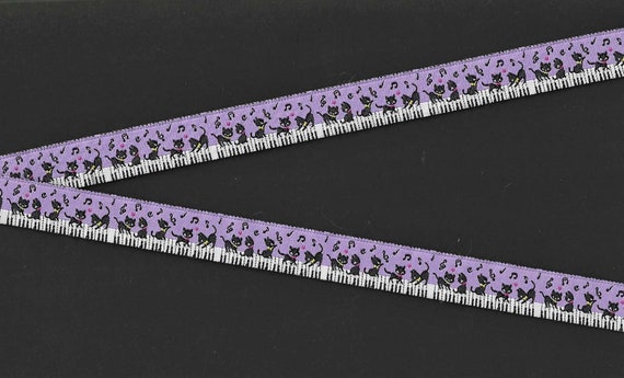 ANIMALS/Cats C-02-A Jacquard Ribbon Poly Trim 5/8" Wide (16mm) Lilac Background Black Kitten Dancing on Black & White Piano Keys
