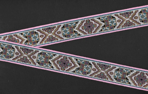 FLORAL TAPESTRY G-09-A Jacquard Ribbon Woven Cotton Trim 1-1/8" Wide (28mm) Gray Background w/Pink, Gold, Black & Teal Design