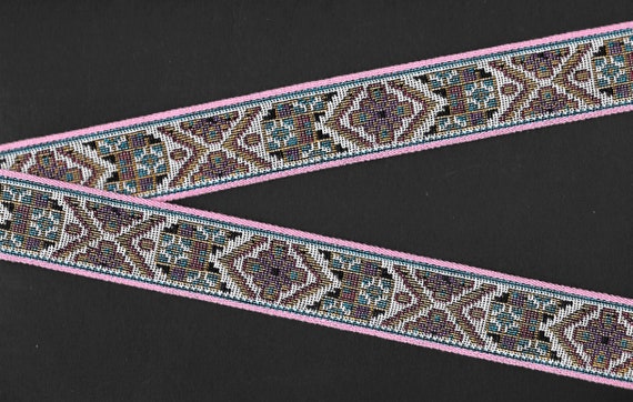 FLORAL TAPESTRY G-09-A Jacquard Ribbon Woven Cotton Trim 1-1/8" Wide (28mm) Gray Background w/Pink, Gold, Black & Teal Design