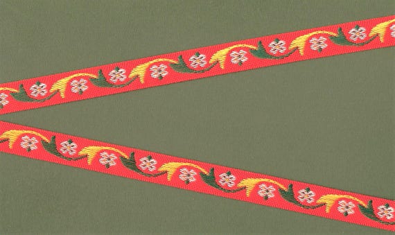 HOLIDAY C-13-A Jacquard Ribbon Polyester Trim 5/8" wide (16mm) Red Background w/White Flowers, Green & Yellow Cornucopia Horns