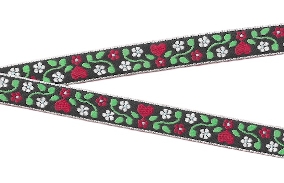 HOLIDAY E-11-B Jacquard Ribbon Cotton Trim 7/8" Wide (22mm) VINTAGE Black w/Red & White Flowers, Red Hearts