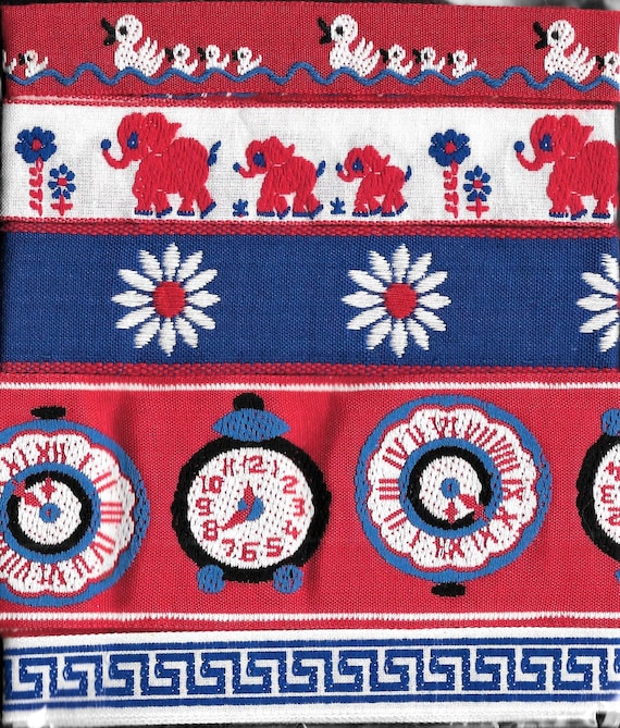 RIBBON PAK-82 Jacquard Ribbon Woven Cotton Trims, VINTAGE Rare, 1/2yd lengths of 5 Designs in Red, Blue & White, Children