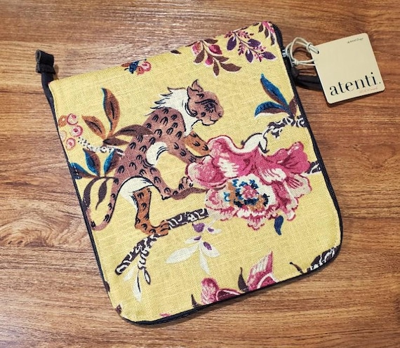 ATENTI Handmade Bags "LEONESSA" Yellow w/Tiger & Flowers, Organizer, Zippered Combo Lg Needle Case, Cosmetic Brushes, Art Supplie,s USA Made