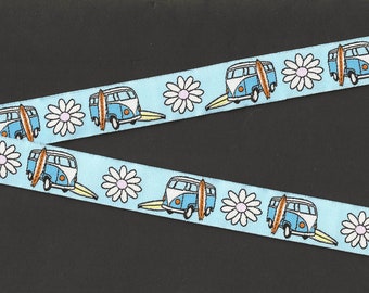 NEUHEIT/Strand E-02-B Jacquard Zierleiste 22 mm breit, Retro, Hippie, VW Van mit Surfbrettern, glückliche Gänseblümchen