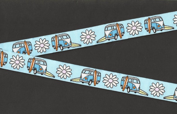 NOVELTY/Beach E-02-B Jacquard Ribbon Poly Trim 7/8" wide (22mm) Retro, Hippie, VW Style Van w/Surfboards, Big Happy Daisies, Per Yard