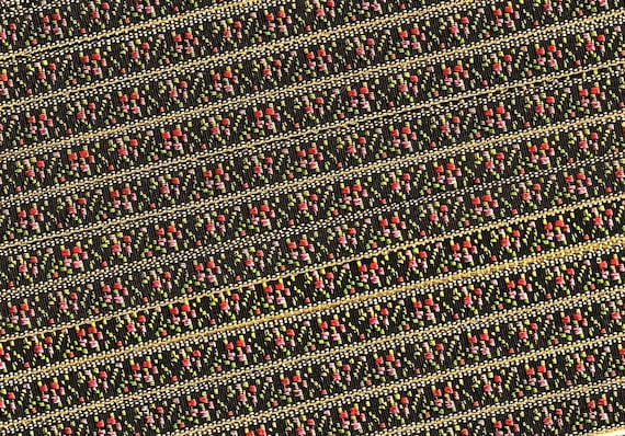 FLORAL A-05-S Jacquard Ribbon Viscose Trim 5/16" wide, From Switzerland, Black w/Metallic Gold, Pink & Red Flowers, Green Leaves