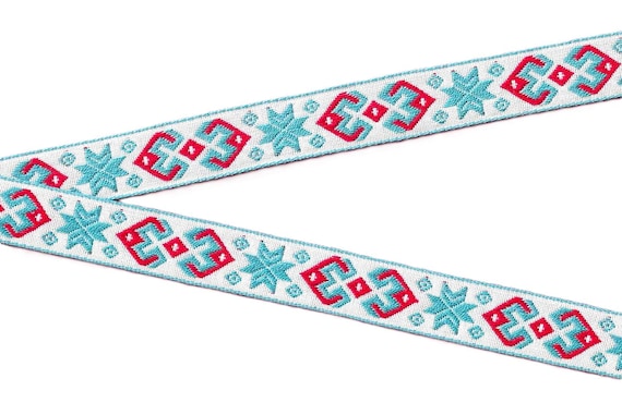 SNOWFLAKES D-19-D Jacquard Ribbon Cotton Trim 3/4" wide (20mm) VINTAGE White w/Turq Snowflakes. Red Accents
