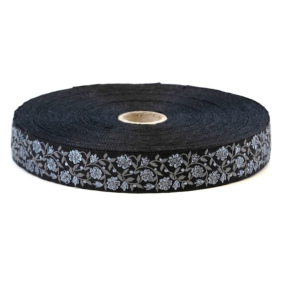 KAFKA D-03/11 Jacquard Ribbon Woven Organic Cotton Trim 3/4" wide (20mm) Black with Iridescent Silver Metallic Flowers, Dk Gray Leaves/Vines