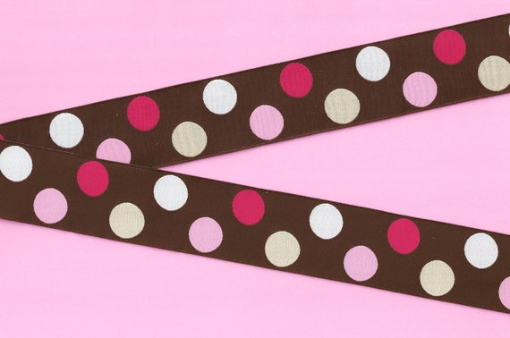 POLKA DOTS H-22-A Jacquard Ribbon Poly Trim 1-1/2" wide (38mm) Chocolate Brown w/White, Cream, Pale Pink & Dark Pink Dots
