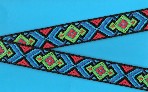 NATIVE AMERICAN G-07-B Jacquard Ribbon Cotton Trim 1-1/4" wide (32mm) Black w/Red, Green, Royal Blue & Turquoise Southwest Design, Per Yard