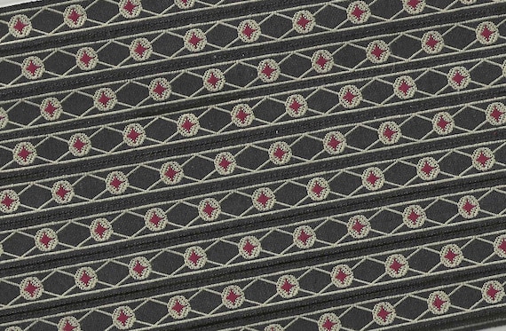 KAFKA A-17/06 Jacquard Ribbon Organic Cotton Woven Trim 7/16" wide (10mm) Black Background w/Beige Lines & Ovals, Dark Red Center Accents