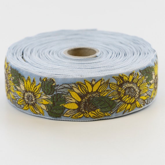 KAFKA G-18/05 Jacquard Ribbon Woven Organic Cotton Trim 1-1/4" wide (32mm) Lt Blue w/Yellow, Beige & Brown Sunflowers Green Leaves