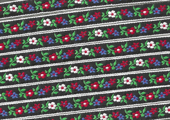FLORAL B-20-C Jacquard Ribbon Woven Cotton Trim 1/2" wide (13mm) Black Background (white border) w/Red, Blue & White Edelweiss, Green Leaves
