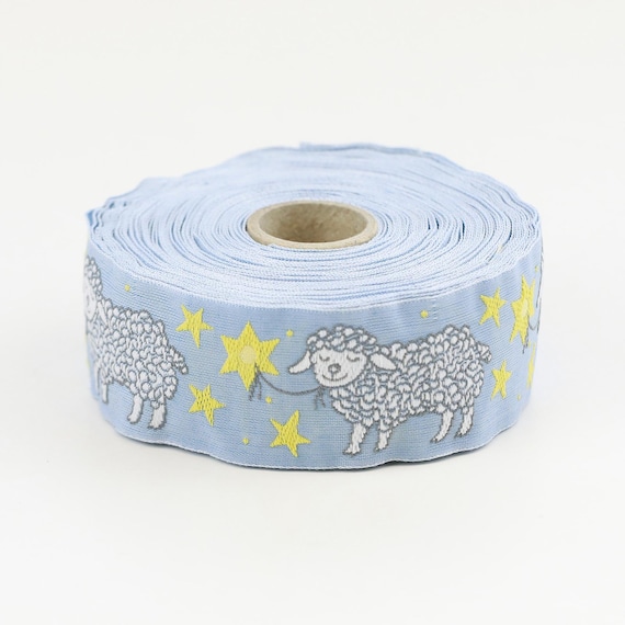 KAFKA G-12/15 Jacquard Ribbon Woven Organic Cotton Trim 1-1/4" wide (32mm) Blue Background w/Smiling Sheep & Yellow Stars