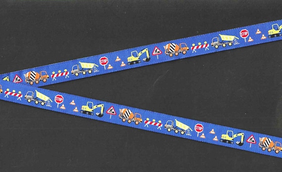CHILDREN's C-37-A Jacquard Ribbon Poly Trim 9/16" wide (14mm) FARBENMIX From Germany, Blue Background w/Construction Zone w/Trucks & Signs