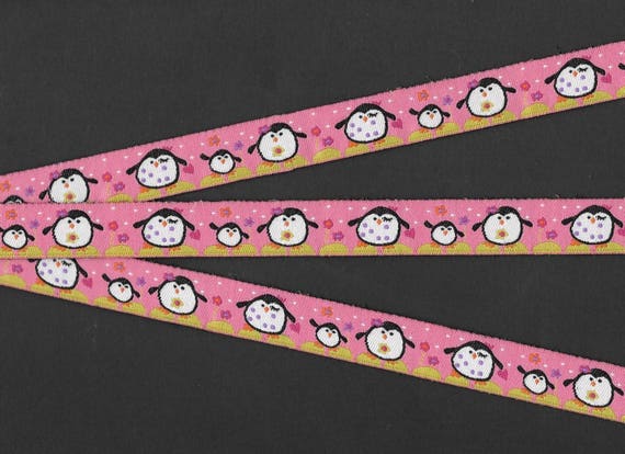 ANIMALS/Water C-03-B Jacquard Ribbon Poly Trim, 5/8" Wide (16mm) Peachy-Pink w/Happy Dancing Penguin Family Flowers/Polka Dots