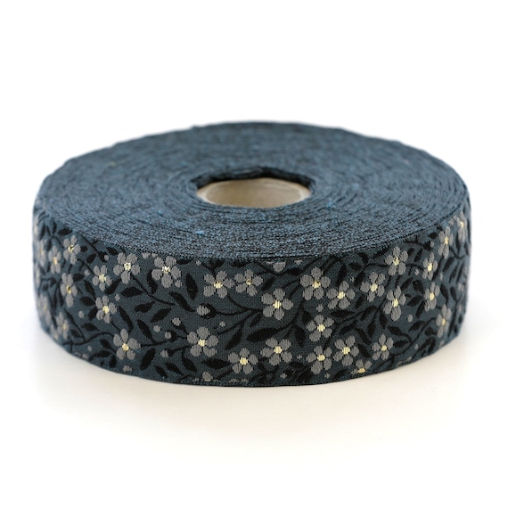KAFKA F-01/08 Jacquard Ribbon Woven Organic Cotton Trim 1" wide (25mm) Gray w/Lt Gray (Metallic Gold) Forget-Me-Nots, Black Leaves