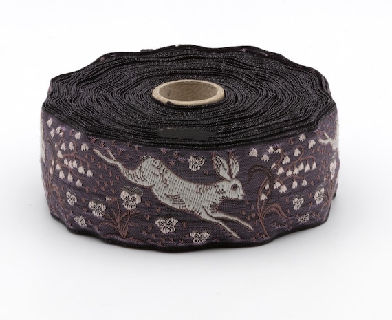 KAFKA H-27-03 Jacquard Ribbon Organic Cotton Trim 1+1/2" wide (38mm) NEW! Amethyst w/Gray Jackrabbits