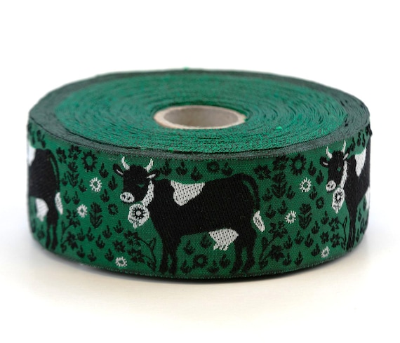 KAFKA G-17/05 Jacquard Ribbon Organic Cotton Trim 1-1/4" wide (32mm) Green Black & White Cows w/White Horns, Black/White Flowers