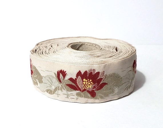 KAFKA F-04/03 Jacquard Ribbon Woven Organic Cotton Trim 1" wide (25mm) Beige Background, Red & Yellow Water Lilies, Sage Green/Taupe Leaves
