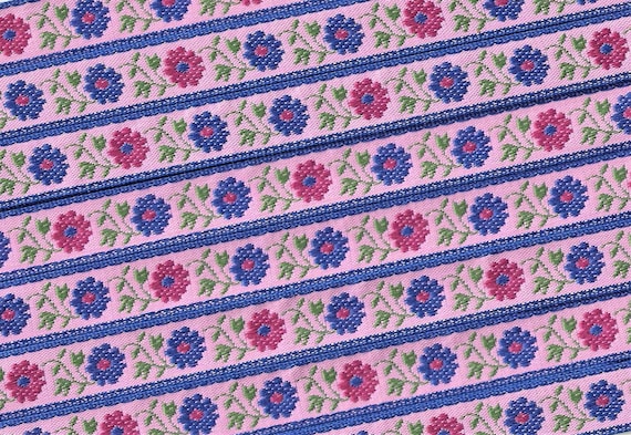 FLORAL B-46-A Jacquard Ribbon Poly Trim 1/2" wide (13mm) Pink Background/Blue Borders, Hot Pink & Blue Flowers, Green Vines/Leaves