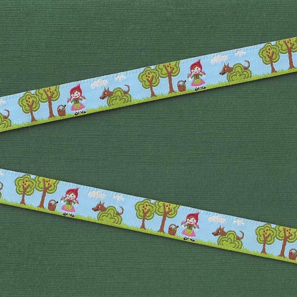 CHILDREN's Fairy Tales C-16-C Jacquard Ribbon Poly Trim, 5/8" Wide (16mm) Farbenmix Design, Little Red Riding Hood & The Wolf