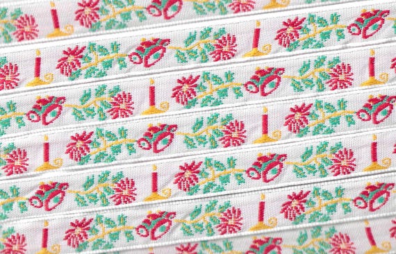 HOLIDAY C-33-A Jacquard Ribbon Polyester Trim 5/8" wide (16mm) White w/Red Bells, Red Poinsettias, Green Holly Leaves & Red Candles
