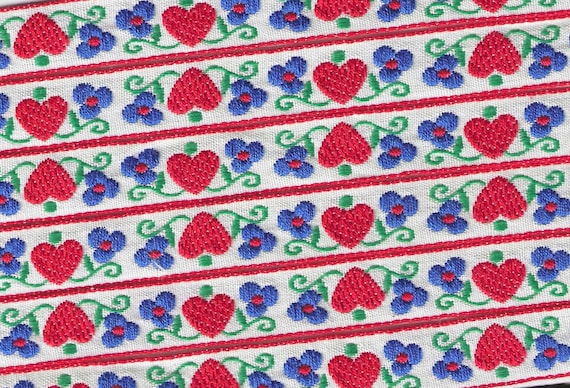 HEARTS/FLOWERS C-03-A Jacquard Ribbon Cotton Trim 5/8" wide (16mm) Made in Germany, White w/Red Hearts, Blue & Red Flowers Green Leaves