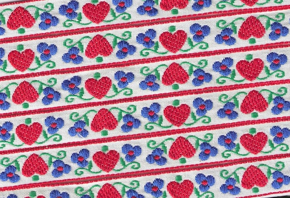 HEARTS/FLOWERS C-03-A Jacquard Ribbon Cotton Trim 5/8" wide (16mm) Made in Germany, White w/Red Hearts, Blue & Red Flowers Green Leaves