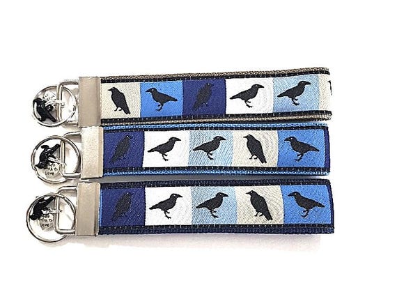 BIRDS Jacquard Ribbon/Nylon Web 1" wide (25mm) Key Fobs, "Winter Ravens" w/Charms, Keychain, Wristlet, Luggage Tags 5.5" long