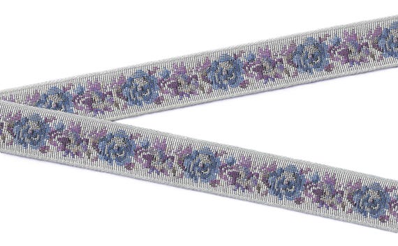 FLORAL TAPESTRY F-20-A Jacquard Ribbon Poly/Cotton Trim 1-1/8" wide (28mm) Gray w/Blue & Purple Flowers, Silver Accents