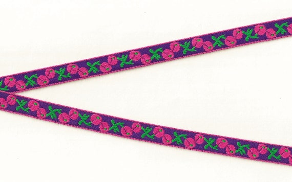 NOVELTY/Fruit B-08-B Jacquard Ribbon Cotton Trim, 5/8" Wide (16mm) Purple Background, Pink Border w/Pink Berries & Green Stems