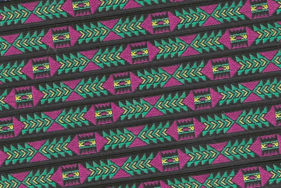 NATIVE AMERICAN B-12-E Jacquard Ribbon Poly Trim 1/2" wide (13mm) Southwest Design in Black, Fuchsia, Yellow & Green Tribal Pattern