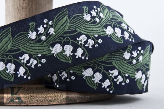 KAFKA H-02/04 Jacquard Ribbon Cotton Trim, 1-1/2" wide (38mm) From Germany, White Lilies of the Valley on Navy w/Green Leaves, Per Yard