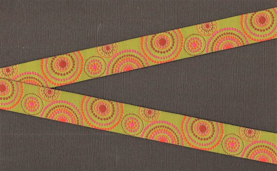 GEOMETRIC E-22-A Jacquard Ribbon Poly Trim, 7/8" Wide (22mm) Olive Green Background w/Brown, Orange & Pink Dots in a Swirl Design, Per Yard