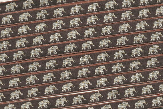 ANIMALS/Wildlife A-01-D Jacquard Ribbon Poly Trim 3/8" wide (9mm) VINTAGE Made in France Tan Elephants on Brown