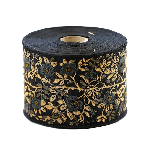 KAFKA L-01/38 Jacquard Ribbon Woven Organic Cotton Trim 2-3/8" wide (60mm) Black w/Dark Gray Dog Roses, Beige & Taupe Leaves