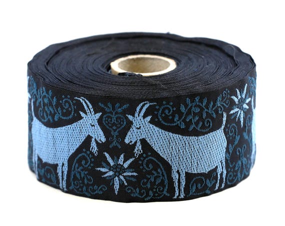 KAFKA H-22/01 Jacquard Ribbon Woven Organic Cotton Trim 1+5/8" wide (41mm) Blue Blue Billy Goat & Edelweiss Flowers on a Black Background
