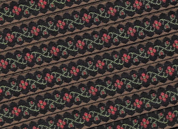 FLORAL B-07-B Jacquard Ribbon Poly Trim 9/16" wide Black Background w/Petite Red Flowers Brown Scalloped Borders Olive Vines