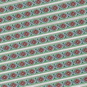 May include: A repeating pattern of red, blue, and green geometric shapes on a white background. The pattern is made up of small diamonds and squares.