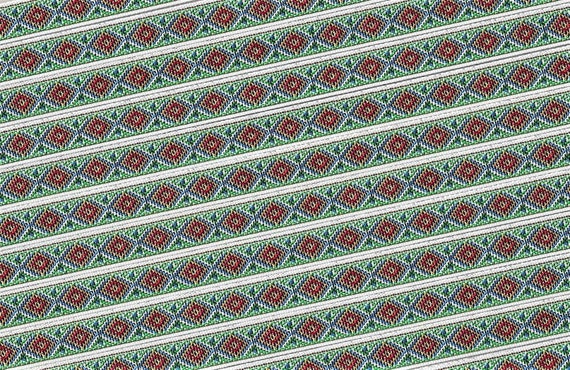 NATIVE AMERICAN B-03-A Jacquard Ribbon Poly Trim 1/2" wide (13mm) White w/Green, Blue, Yellow & Orange Diamond Tribal Pattern