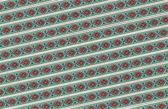 NATIVE AMERICAN B-03-A Jacquard Ribbon Poly Trim 1/2" wide (13mm) White w/Green, Blue, Yellow & Orange Diamond Tribal Pattern, Per Yard