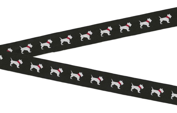 ANIMALS/Dogs E-09-A Jacquard Ribbon Polyester Trim 7/8" wide (22mm) Black Background, White Scottish Terriers w/Red Collars