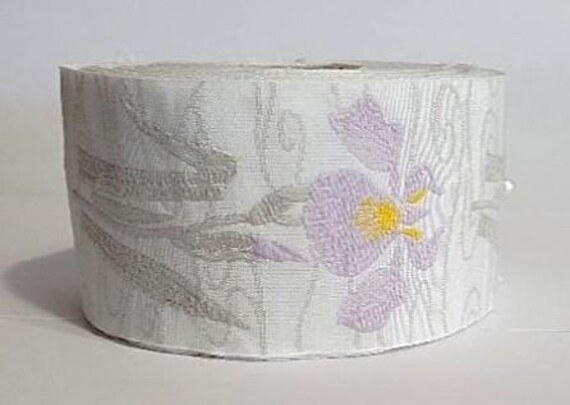 KAFKA H-10/01 Jacquard Ribbon Woven Organic Cotton Trim 1-1/2" wide (38mm) White Background w/Lilac Irises & Taupe Leaves/Stems