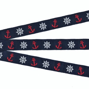 SPORT / Nautik C-07-A Jacquard Ribbon Poly Trim 5/8 "breit (16 mm) Navy mit roten Ankern und weißen Kapitänsrädern