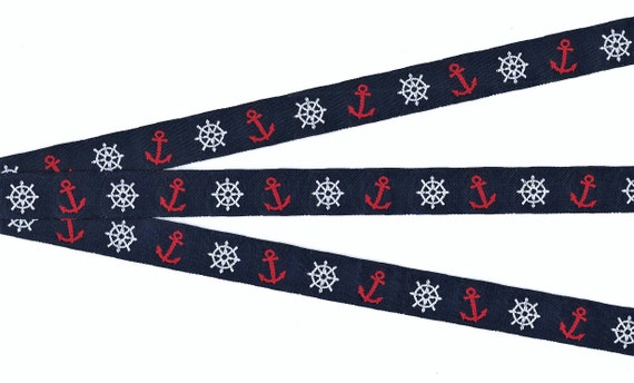 SPORTS/Nautical C-07-A Jacquard Ribbon Poly Trim 5/8" wide (16mm) Navy w/Red Anchors & White Captain's Wheels