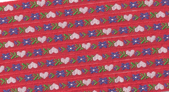 HEARTS/FLOWERS A-10-A Jacquard Ribbon Polyester Trim 3/8" wide (9mm) Red Background w/Petite White Hearts, Blue Flowers, Green Leaves