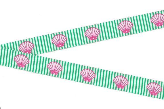 NOVELTY/Beach E-15-A Jacquard Ribbon Poly Trim 7/8" wide (22mm) Green & White Stripes w/Bright Pink Scalloped Seashells. 2.5yd lengths