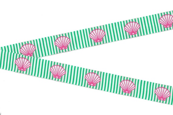 NOVELTY/Beach E-15-A Jacquard Ribbon Poly Trim 7/8" wide (22mm) Green & White Stripes w/Bright Pink Scalloped Seashells. 2.5yd lengths